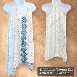 Lovestitch Women's Small Boho Dress Embroidered White Blue Knee Length Sundress